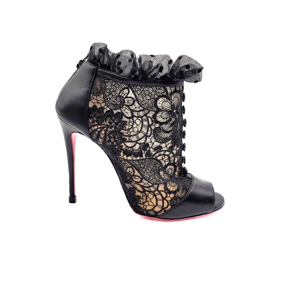 Christian Louboutin Shoes - Christian Louboutin Black Lace Leather Open Toe Booties Heels EU 36.5